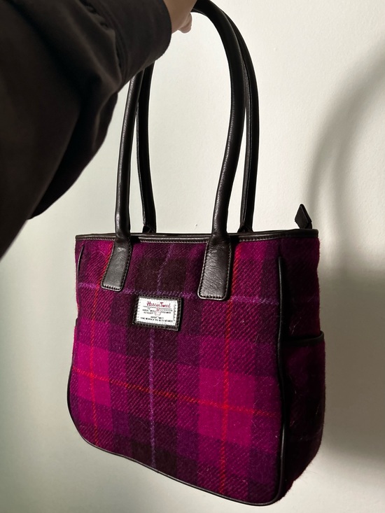 Harris Tweed Handbags - Magenta Plaid Tote with Black Leather Handles - Magenta Fuchia